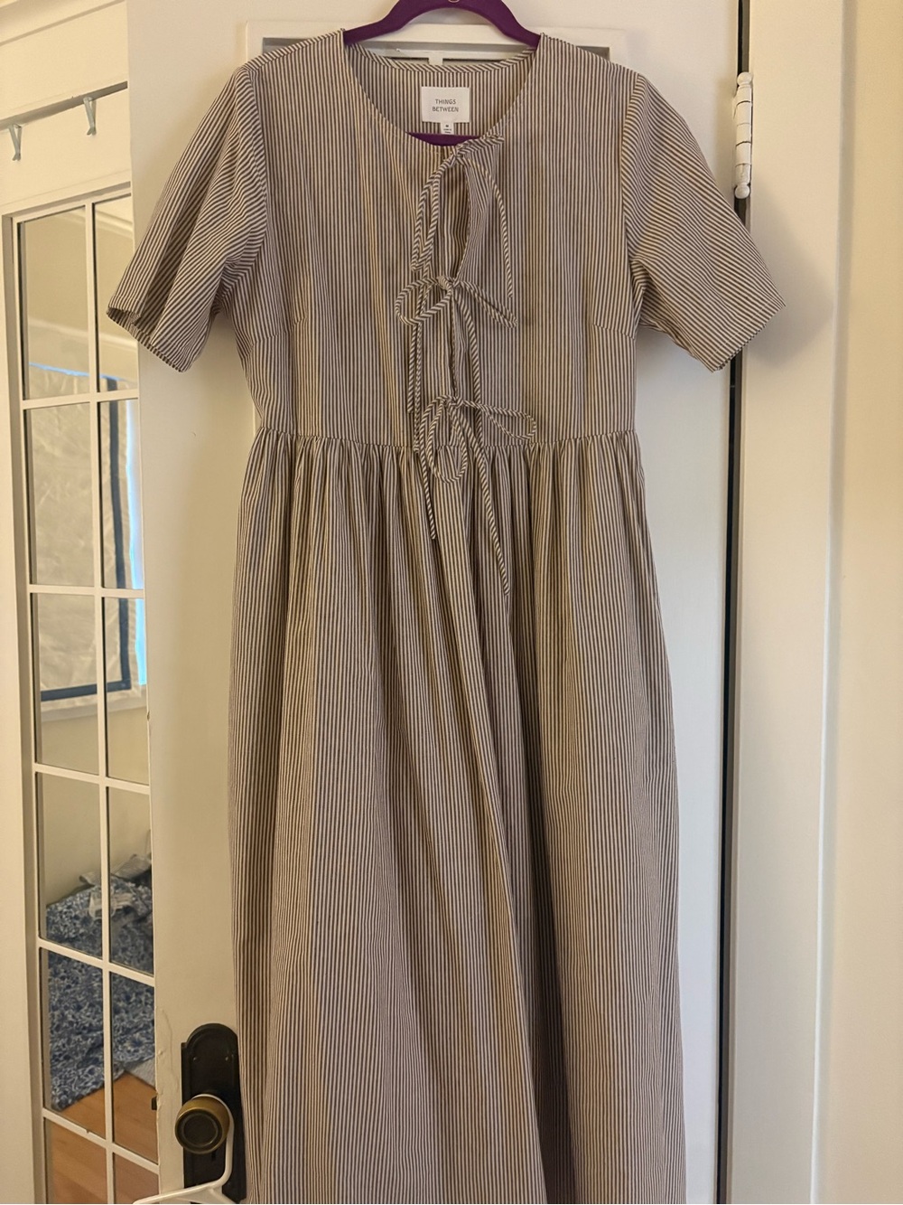 Tie-Front Striped Midi Dress in Brown + Cream by Things Between